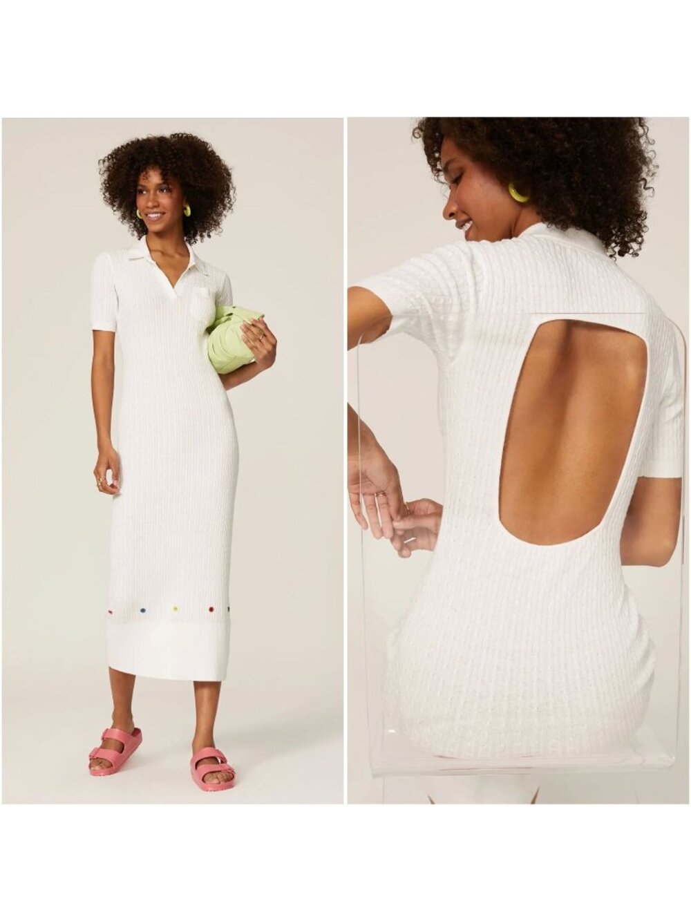 Staud Cecily Open-Back Cable-Knit Maxi Dress White Rainbow Eyelet Detail Medium
